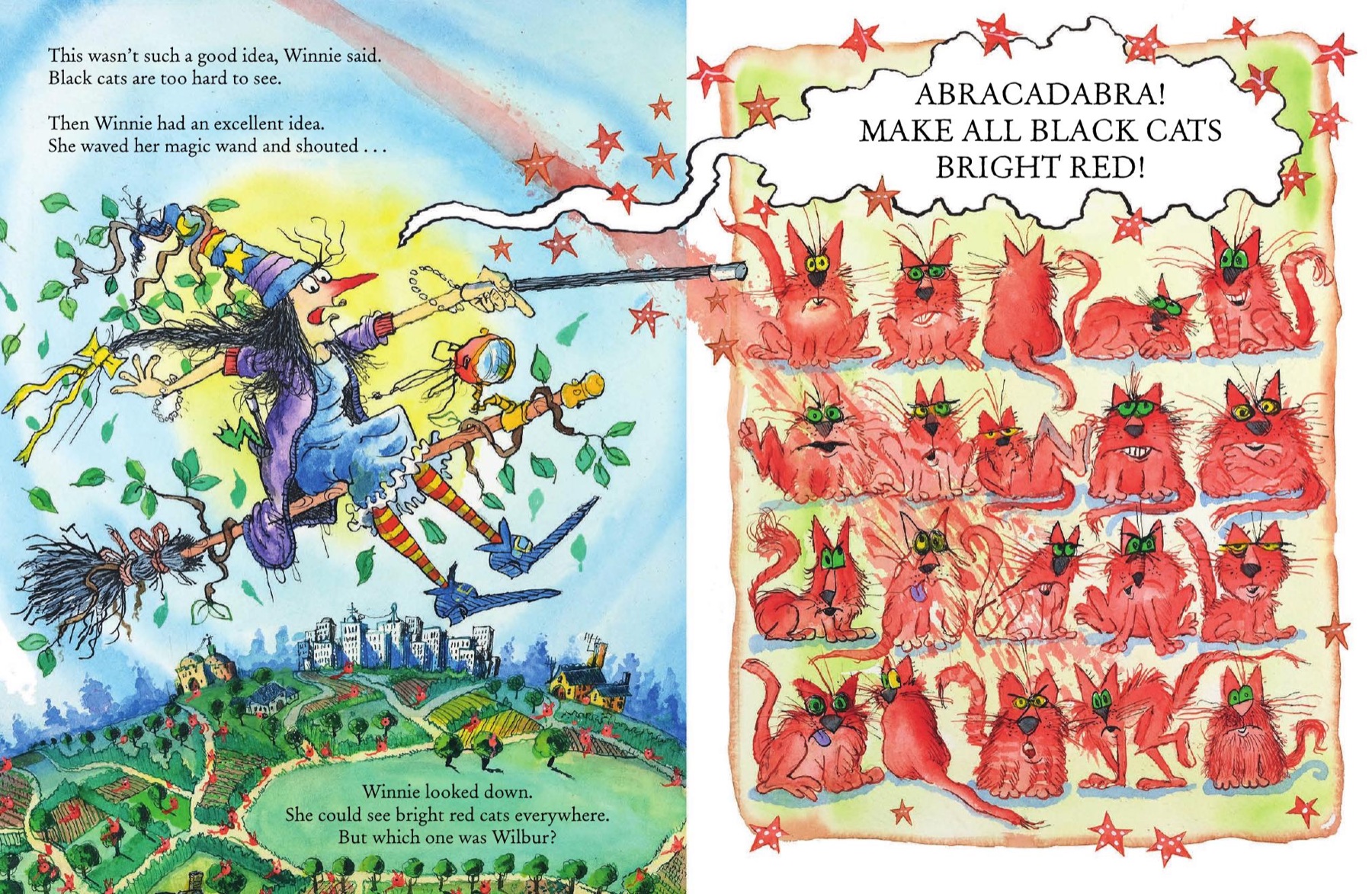 Winnie flying above a landscape filled with bright red cats